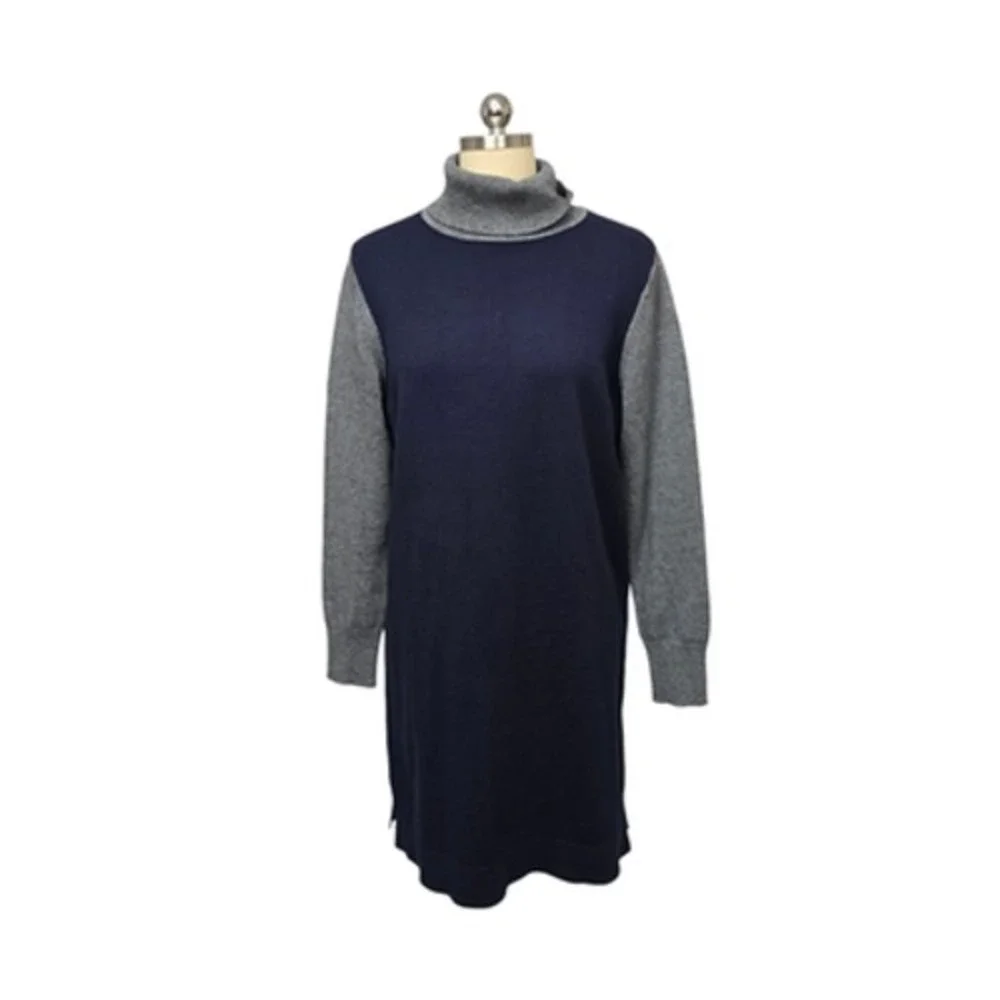 Boden Sweater Dress Womens 12 Navy Gray Turtleneck Colorblock Wool Cashmere